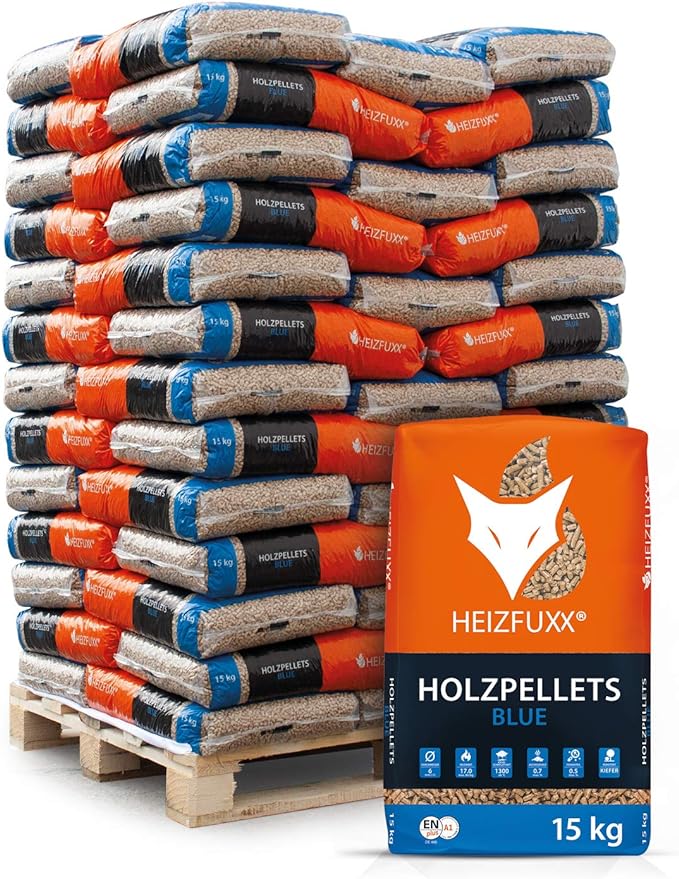 HEIZFUXX Holzpellets Blue Heizpellets Weichholz Wood Pellet Öko Energie Heizung Kessel Sackware 6mm 15kg x 65 Sack 975kg / 1 Palette Paligo